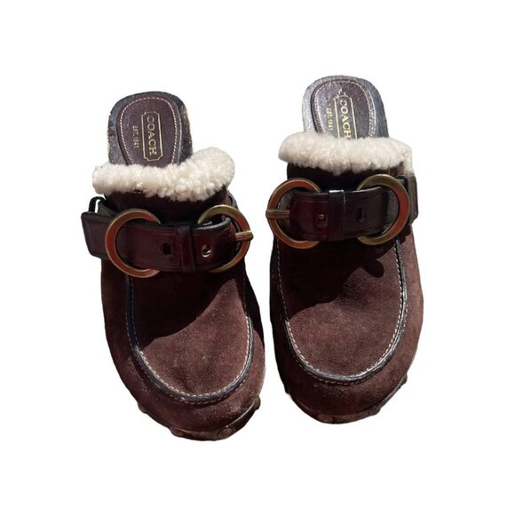 Vintage Coach Wooden Heeled Platform Faux Sherpa Lined Brown Clogs Size 8 - Picture 1 of 7